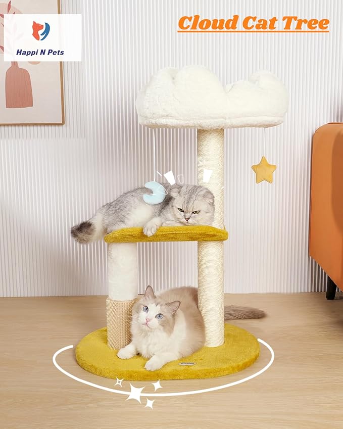 Happi N Pets Cloud Cat Tree, 31.5in Multi-Level Indoor Cat Tower with Scratching Posts, Viewing Perch, Removable & Washable Cushions, Cat Activity Tree with Dangling Toy | Removable & Washable Cat Bed, Cat Activity Tree, Cute Dangling Toys, Easy To Cle...