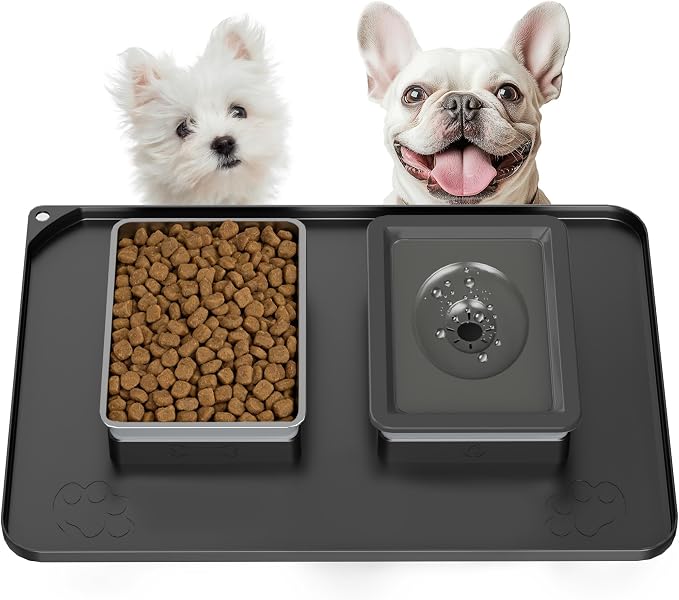 Dog Bowl Set, No Spill Dog Water and Food Bowl with Silicone Mat | Large Capacity 304 Stainless Steel Bowls, 2-In-1 Set, Slows Drinking, Anti-Slip Silicone Feeding Mat, Home/Travel, 6-7 Cups