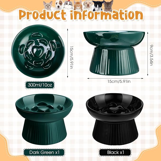 Tioncy 2 Pcs Ceramic Elevated Slow Feeder Cat Bowl, Raised Cat Slow Feeder Bowl, Anti Vomiting for Dry and Wet Food, No Spill High Edge Easy Clean Dishwasher Safe (Dark Green,Black)
