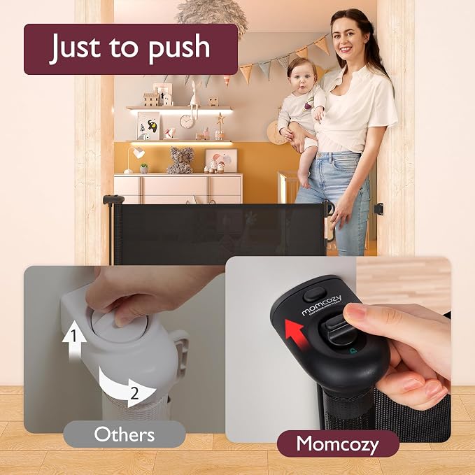 Momcozy Retractable Easy-to-Use Mesh Baby Gate | 33-Inch Tall, Extends to 55-Inch Wide, for Stairs, Doorways, Hallways, for Pet Dogs and Cats, Indoor/Outdoor Baby Gate