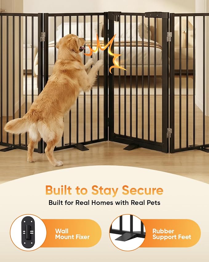 Full Metal Free Standing Dog Gate with Door for Indoor & Outdoor,120'' Extra Wide 32'' Tall Dog Gate for The Doorways,Large Openings,Decks,Porch,Pet Freestanding Safety Fence(6 Panels,Black)