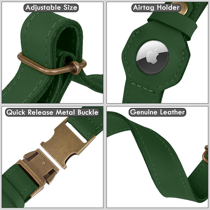 AirTag Dog Collar - Genuine Leather Dog Collar with Apple AirTag Holder and Metal Buckle - Smart GPS Tracking Pet Collars (Dark Green, XL, 20"-25" Neck Fit)
