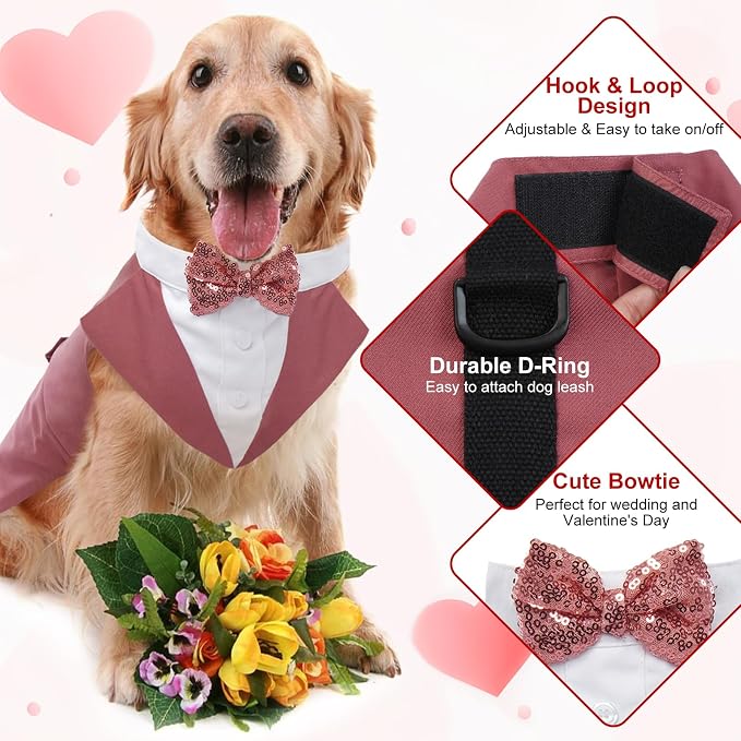Kuoser Dog Tuxedo, Dog Suit and Bandana Set, Dogs Costume with D-Ring | Formal Dog Outfit with Detachable Bowtie Collar for Wedding, Birthday, Party, Christmas, Halloween, Pink M