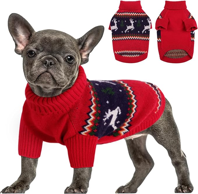 Queenmore Knitted Pullover Christmas Sweater - Turtleneck Dog Christmas Outfit, Warm Dog Sweaters for Small Dogs, Boys or Girls XL