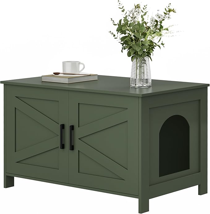 Homhedy 31.5" L Cat Litter Box Enclosure with Barn Door, Green | Wooden Cat Washroom Furniture, Cat House, Pet Storage Cabinet, Dog-Proof, Fit Most of Litter Box, Farmhouse Style