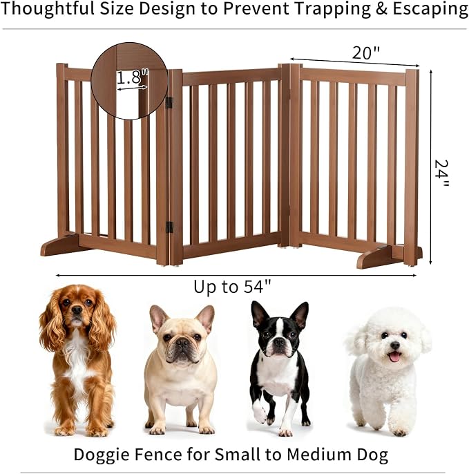 Wooden Freestanding Foldable Dog Gate, 24 Inch Height 3 Panel Pet Gate No Drill for Doorways Stairs, Fully Assembled Indoor Puppy Fence (Teak Color, 60" W x 24" H)