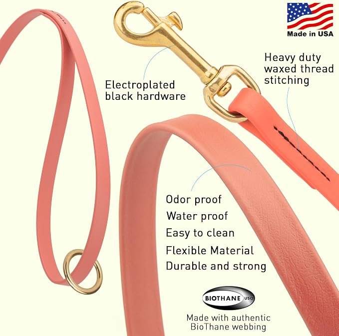 Viper Biothane K9 Working Dog Leash Waterproof Lead for Tracking Training Schutzhund Odor-Proof Long Line with Solid Brass Snap for Puppy Medium and Large Dogs 6ft, Coral