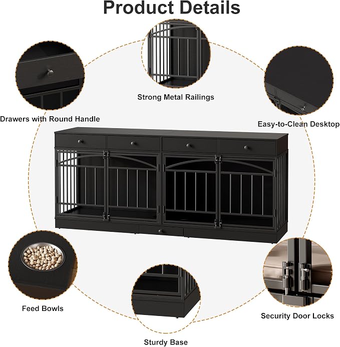 GarveeHome Dog Crate Furniture for 2 Dogs, Dog Kennel Indoor with 4 Storage Drawers and Feeding Bowls, Double Dog Crate TV Stand for Small Medium Dogs, Black
