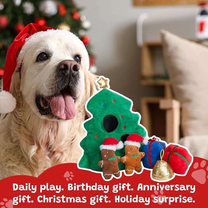 Hollypet Christmas Squeaky Hide and Seek Dog Toys for Small and Medium | Interactive Plush Stuffed Dog Squeak Toys for Small Medium Sized Dogs and Non-Aggressive Chewers, Puppy Teeth Clean Chew Toys