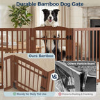 Homykic Dog Gate Indoor, 94.5" W x 30" H Extra Wide Foldable Bamboo Pet Gate with Door, No Assembly Freestanding Dog Fence with 2 Support Feet & 360°Hinges for Doorways Hallways (Walnut, 4 Panels)