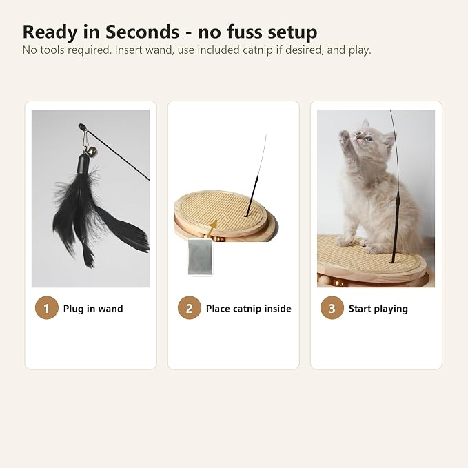 Instinct Wood Play System Cat Scratcher, Oval Wooden Scratching Pad with 3 Ball Track, Long Feather Wand, Catnip and No-Tool Setup, 15 x 13 Inch