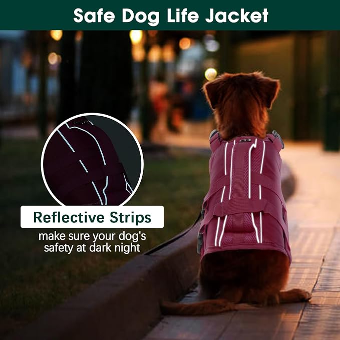 Kuoser Dog Life Jacket, High Flotation Reflective Dog Life Vest, Rose, L | Adjustable Dog Lifejackets for Small Medium Large Dogs, Lifevest with Rescue Handle for Swimming, Boating, Lake, Beach & Pool