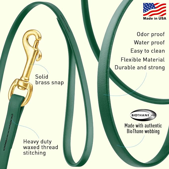 Viper Biothane K9 Working Dog Leash Waterproof Lead for Tracking Training Schutzhund Odor-Proof Long Line with Solid Brass Snap for Puppy Medium and Large Dogs, 15ft Hunter Green