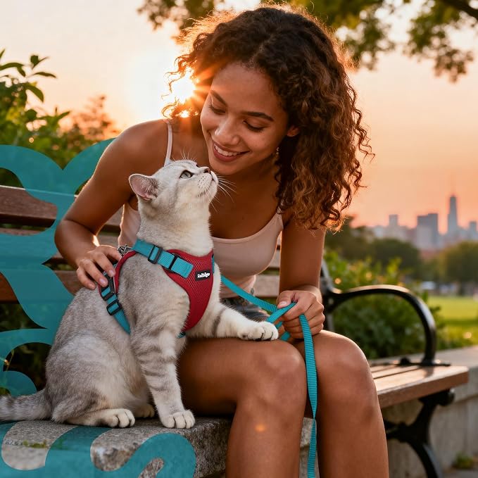 rabbitgoo Cat Harness and Leash Set, Escape Proof Vest, Red & Teal | Soft Breathable Mesh, Easy Adjustable Fit, Snap Buckles, Sturdy Clip, Reflective Strips, for Kittens & Small Cats Walks, Xxs