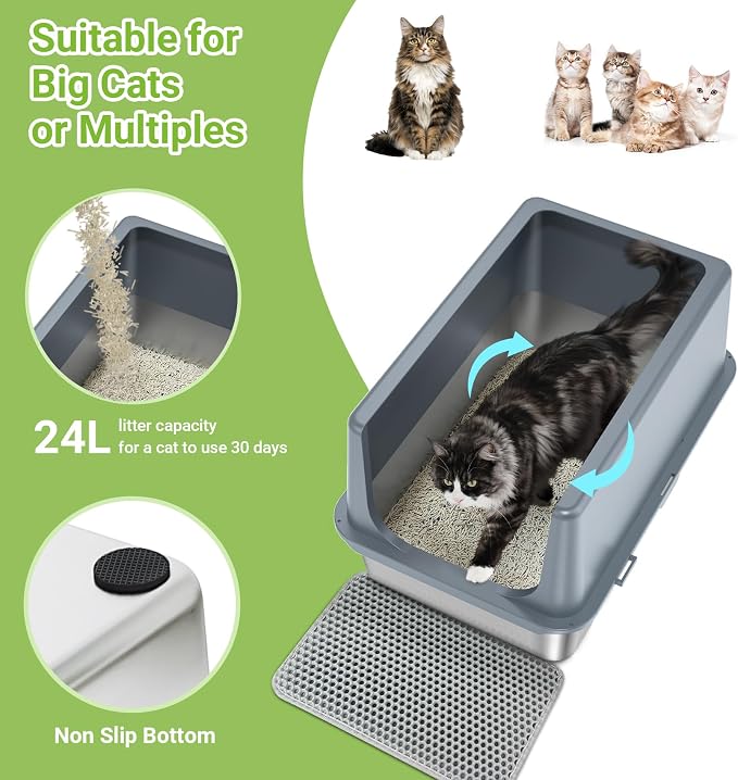 Stainless Steel Cat Litter Box with Lid,Metal Cat Litter Box,23.5x15.5x14in | Cat Litter Pan for Large Cats, Non-Sticky Large Kitty Litter Box Easy to Clean, Anti-Leakage,xxl