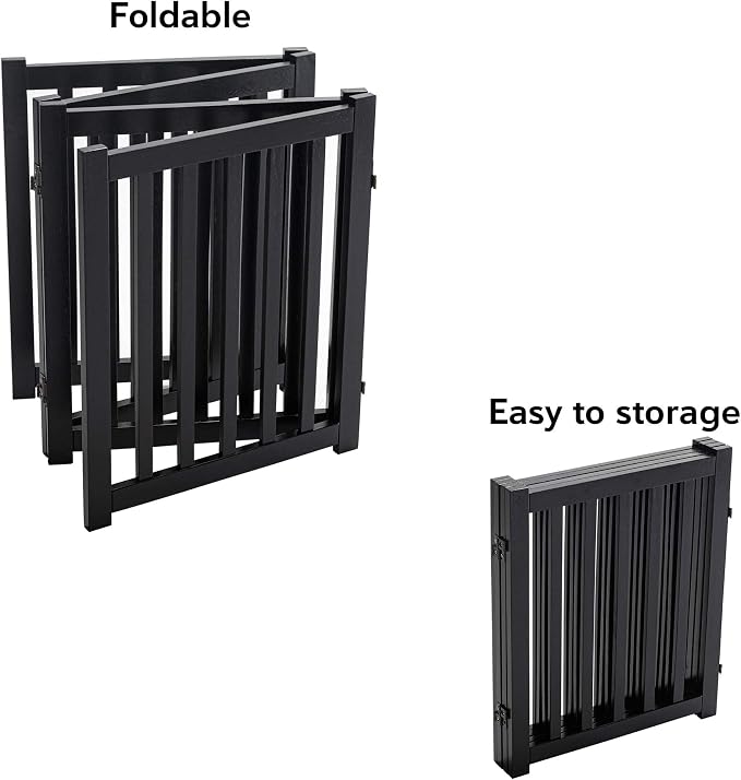 LZRS Wooden Free Standing Dog Gate 80" W x 24" H, Foldable Solid Hardwood Pet Safety Fence for House Doorways, Stairs, Hallways, Step-Over Pet Barrier, No Drill Easy Setup, Black