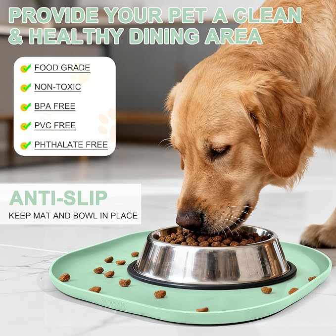 SMILOOL Small Silicone Pet Food Mat with Raised Edge for Food and Water Bowl, Square Dog Feeding Mats, Cat Food Trays for Floor Waterproof, Rubber Tray for Dogs and Cats, 12 x 12 x 0.7 Mint Green