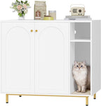 Hzuaneri Large Cat Litter Box Enclosure, Automatic Litter Box Furniture | Wooden Self-Cleaning Cat Cabinet with Storage & Scratch Pad, Modern Cat Washroom, End Table, White and Gold CB87103G