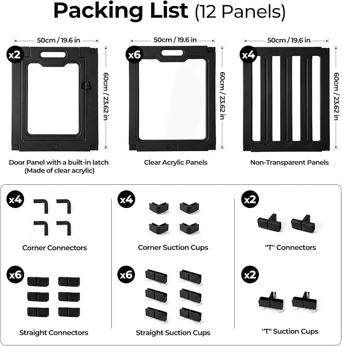 Soulbond Acrylic Dog Playpen Indoor with Partition(24 Inch,Black,12 Panels) | Non-Slip,Tool-Free Assembly, External Door Lock Play Pen for Puppies and Small Dogs with 2 Doors