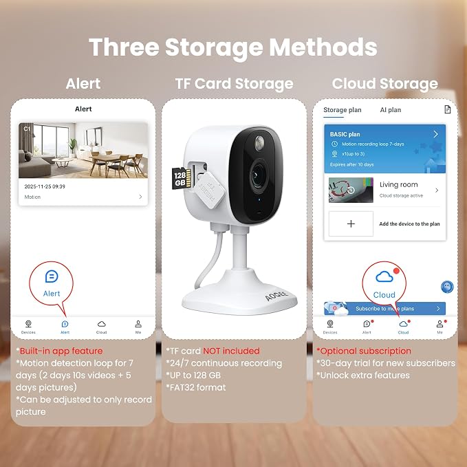 AOQEE 2K Security Camera for Indoor/Outdoor, Color Nigth Vision, C1 3Pack | Plug-in Cameras for Home Security with Siren, AI Detection, Instant Motion Alert, White Light, 24/7 TF Card & Cloud Recording