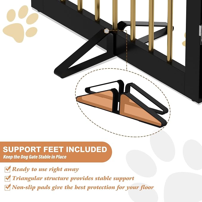 PUPETPO Freestanding Pet Gate for Dogs, Indoor Wooden Dog Gate for House, Extra Wide Foldable Dog Gate for Stair, Doorway, Hall, Support Feet Included, 120 Inch Wide, 6 Panels 32",Black&Gold