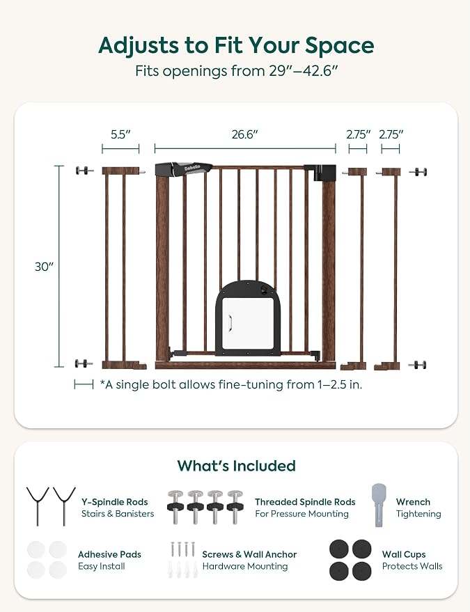 Babelio Baby Gate with Adjustable Cat Door, CatPrivilege III, 29-43" | Auto-Close, Pressure Mounted, Dual Lock, Durable Dog Gate For Stairs & Doorways, Keeps Pets Contained, Black Wood Pattern