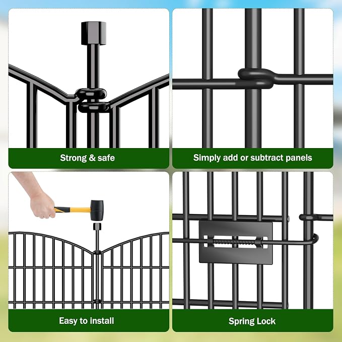 10 Panel No Dig Decorative Garden Fence with Gate 24" H x 20'L Dog Barrier | Rustproof welded steel with lock gate, deep stakes for yards, patios. Modular design contains pets, rabbits, small animals.