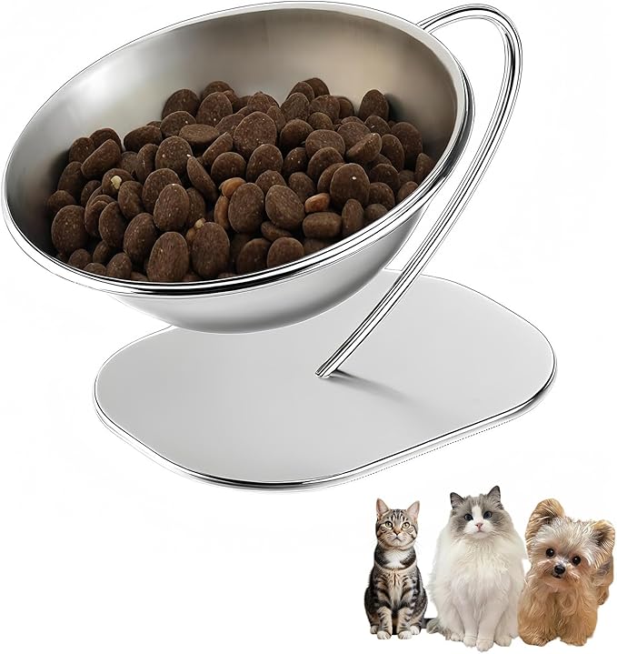 Elevated Cat Food Bowl 15° Tilt Stainless Steel,1PC | Elevated Cat Bowls, detachable stand, and stainless steel bowl. Reduces neck strain, slows eating, prevents spills