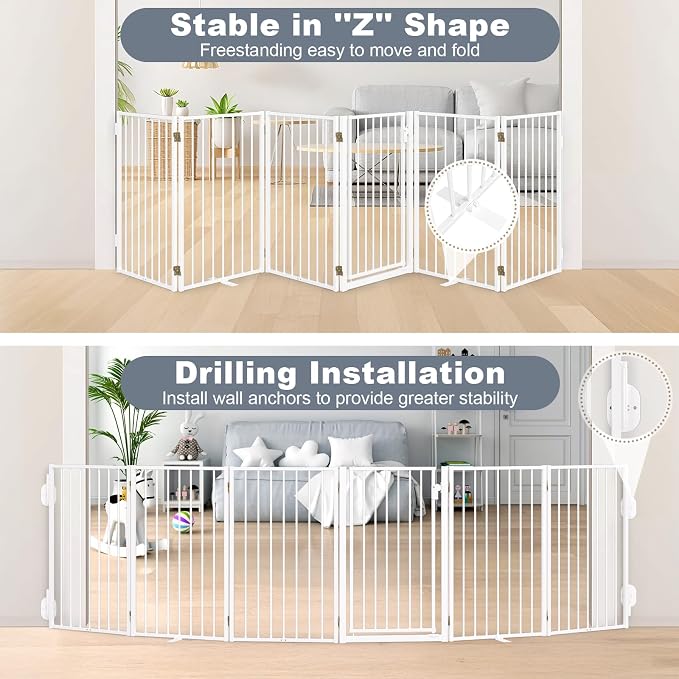 Metal Freestanding Dog Gates with Door for Outdoor Indoor,120'' Extra Wide 32'' Tall Free Standing Dog Gate for Doorways,Large Openings,Deck,Yard,Porch,Foldable Pet Fence(White,6 Panels)