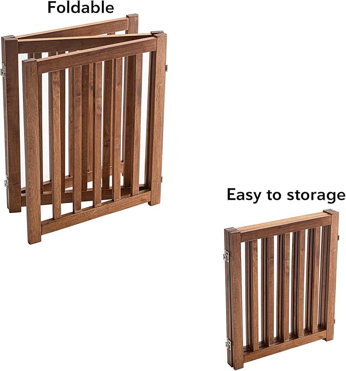 LZRS Wooden Free Standing Dog Gate 60" W x 24" H, Foldable Solid Hardwood Pet Safety Fence for House Doorways, Stairs, Hallways, Step-Over Pet Barrier, No Drill Easy Setup, Oak