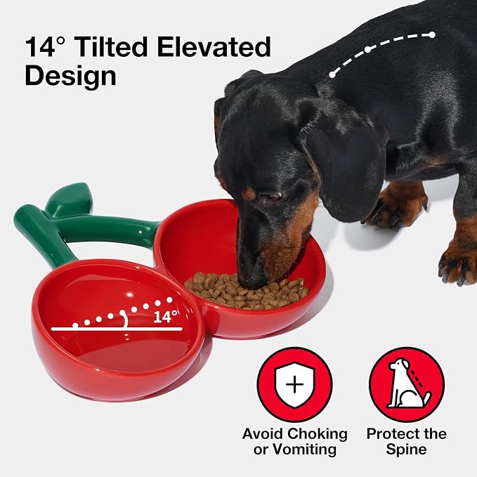 VETRESKA Ceramic Pet Bowl, Tilted Design Pet Feeder for Food and Water | Anti Vomit Cat Bowls for Indoor Cats Cute Cherry Cat Bowl Dishwasher Safe
