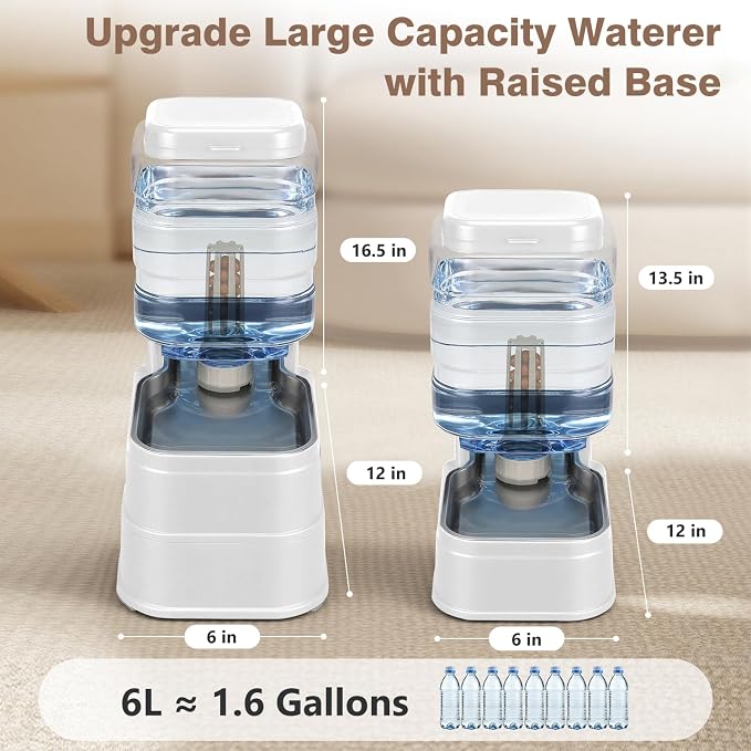 1.6 Gallon Pet Automatic Dog Water Dispenser Cat Gravity Waterer Feeder with Stainless Steel Bowl Large Capacity Puppy Feeding Raised Bowls with Filter,Ice Pack (White, 6L(1.6 Gallon))