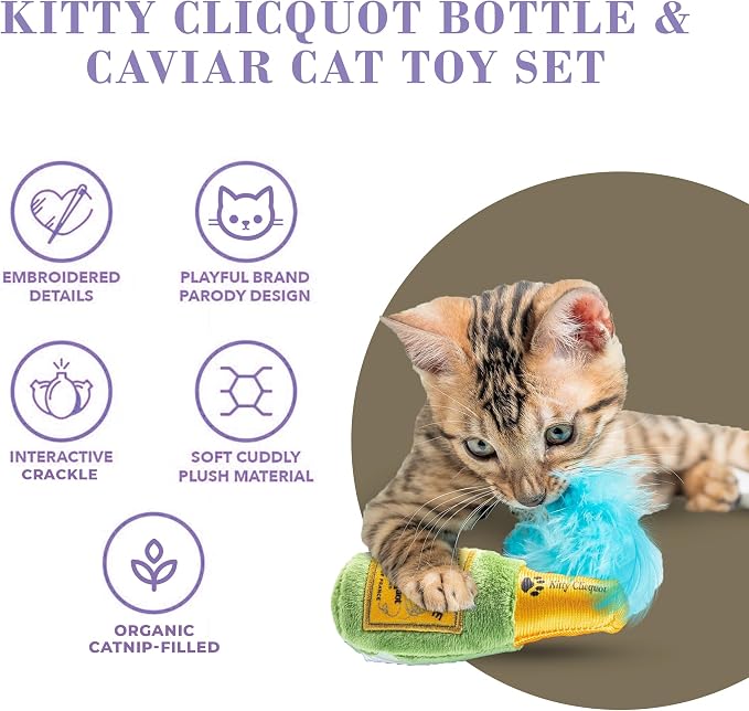 Haute Diggity Kitty Clicquot Bottle + Caviar Set, Soft Plush Cat Toys | 2 Pack Catnip Toys with Interactive Crackle & Feathers, Safe & Durable Cat Nip Kicker Toy for Outdoor & Indoor Cats & Kitten