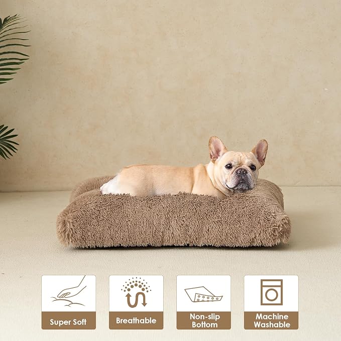 EHEYCIGA Fluffy Dog Crate Bed for Medium Dogs, Plush Faux Fur Crate Pad, Calming Anti Anxiety Medium Dog Bed for Crate, Washable Soft Warm Mat with Non-Slip Bottom, Camel