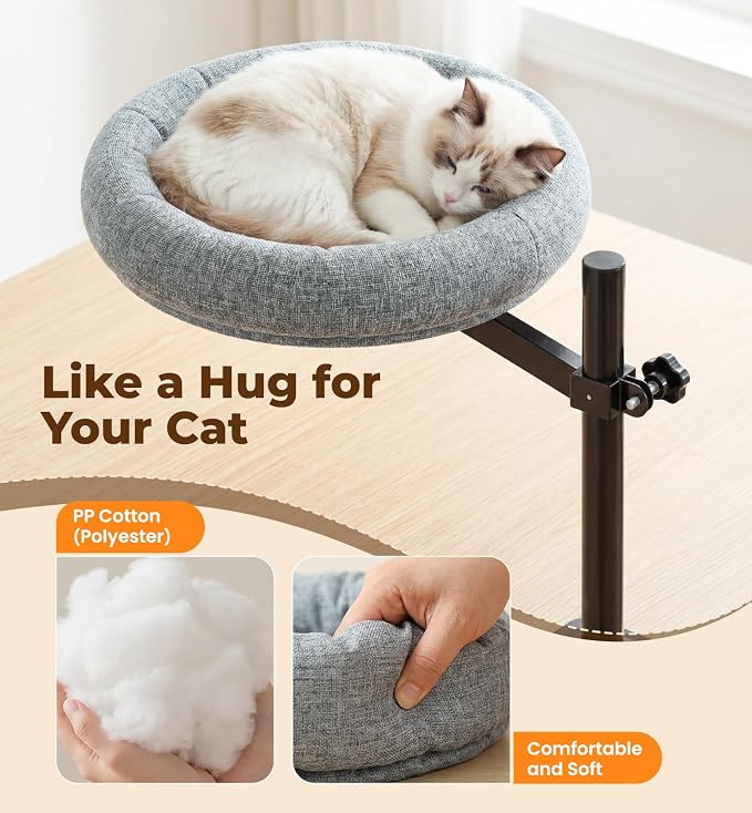 Cat Bed for Desk, 360° Rotating Adjustable Cat Perch, 44 lb, Home Office | Desk mount cat hammock, no-drill G-clamp, faux linen, washable cover, fits desktops up to 2.3 in, space saver, gray
