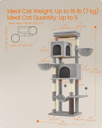 Feandrea Cat Tree, 69-Inch Tall Cat Tower, Multi-Level Plush Condo with 2 Caves, 2 Baskets, 5 Scratching Posts, Self-Groomer, Perch, Hammock, Dove Gray UPCT182G01