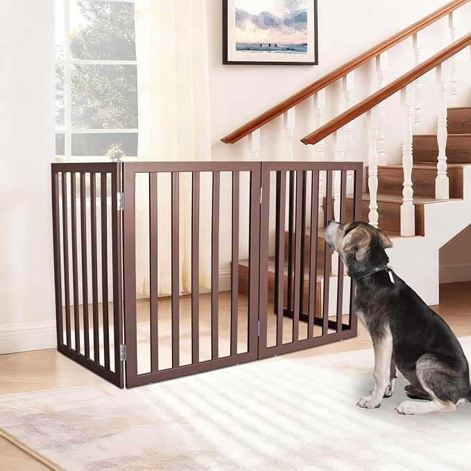ZJSF Freestanding Indoor Dog Gate for House Foldable Wood Brown Puppy Gate for Doorways Pet Gate for Stairs Extra Wide Pet Fence 24" Height 3 Panels