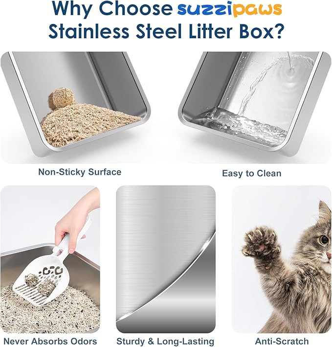 Suzzipaws Enclosed Stainless Steel Sifting Litter Box for Pine Pellets | 17.3”×13.4”×10.5” Stainless Steel Litter Box with Lid, Low Entry for Kittens & Small Cats, Anti-Leakage, Easy Cleaning