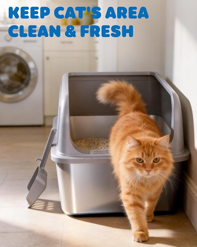 Powools Stainless Steel Cat Litter Box, High-Sided, Grey, M (2 Pack) | Metal Litter Box with Scoop, Anti-Leakage Top Entry, Non-Sticky, Easy to Clean, 6-Inch Splash-Proof Deep Pan