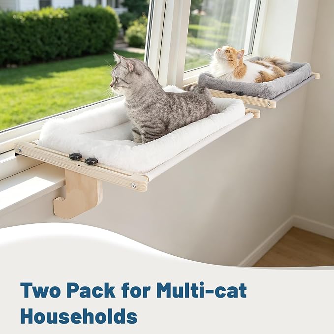 Cat Sill Window Perch - 100% Natural Pine Frame, Plush Fleece Cushion, Tool-Free Adjustment, Supports 55 lbs (Extra Large-White)