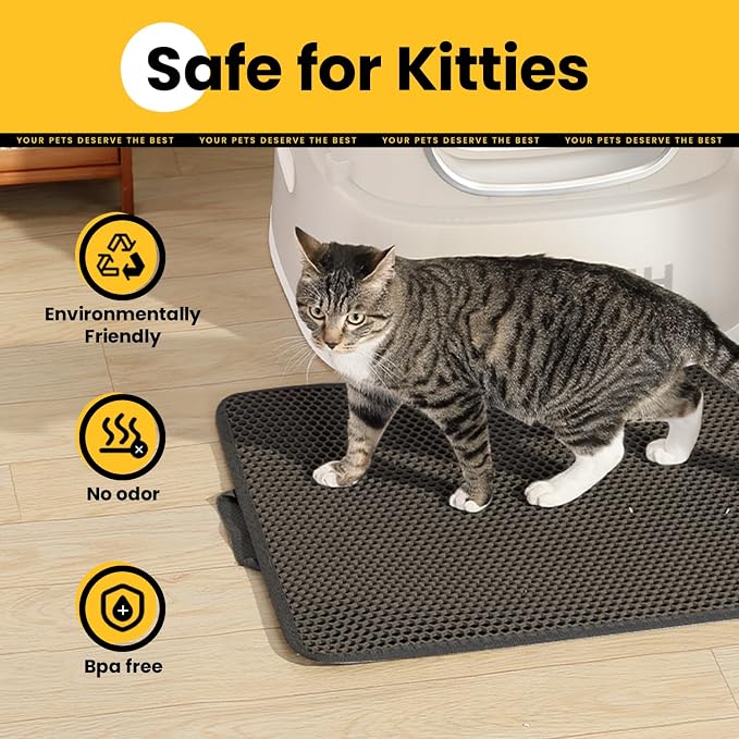 Cat Litter Mat Compact Size 23.6"x14.6" for Small Spaces, Upgrade Waterproof Leakproof Back Layer, Honeycomb Trapping Mat, Washable, Easy to Clean, Scatter Control Kitty Litter Matt, Black, 2 Packs