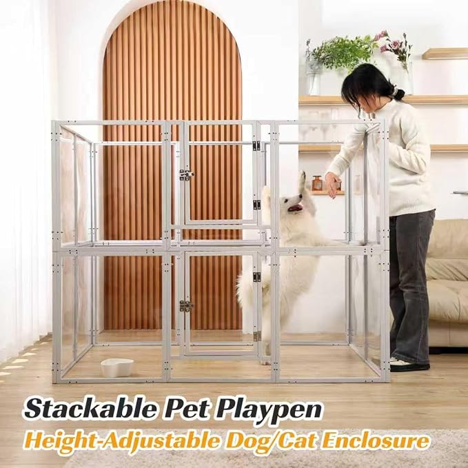 Clear Acrylic Dog Playpen with Door,Puppy Fence Indoors H:24" 8-Panel can be DIY Expanded + Splicing Height Design for Puppies/Small Dogs,White Dog Enclosure (Metal + Acrylic Material)