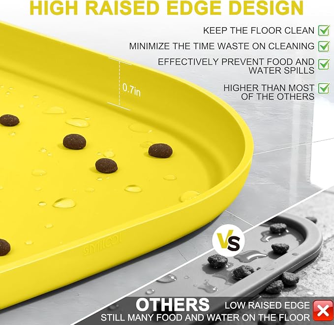 SMILOOL Small Silicone Pet Food Mat with Raised Edge for Food and Water Bowl, Square Dog Feeding Mats, Cat Food Trays for Floor Waterproof, Rubber Tray for Dogs and Cats, 12 x 12 x 0.7 Light Yellow