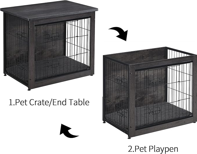 DWANTON Dog Crate Furniture with Cushion, Wooden Kennel Table with Double Doors, Indoor Dog House, Medium Size, 32.5" L, Dark Gray