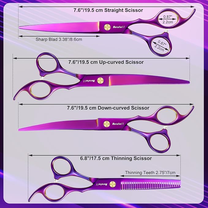 Wenshall Professional Dog Grooming Scissors Set, 7.0 Inch Titanium Straight & Thinning & Curved scissors and Comb for Dog grooming (Purple)