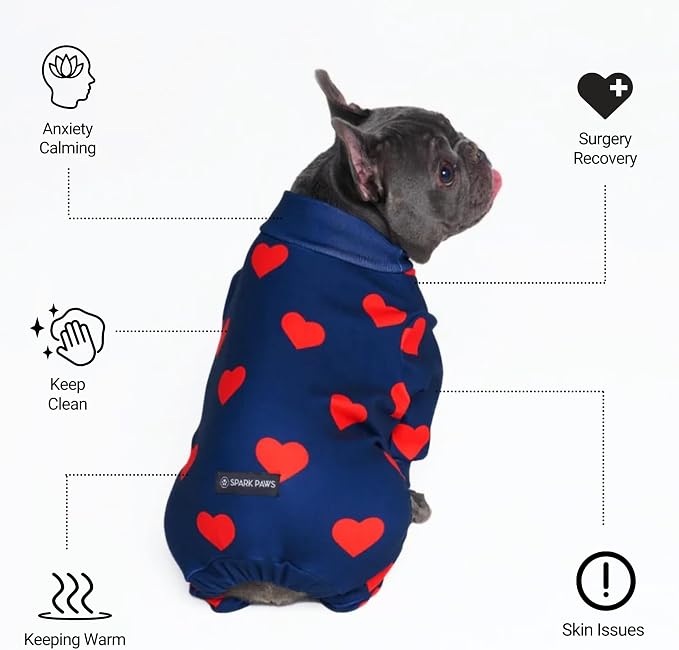 Spark Paws Dog Pajama, Dog Recovery Suit Male, Onesie, Ultra-Soft and 4-Way Stretch, for Small Medium and Large Breeds - Hearts - 5XL