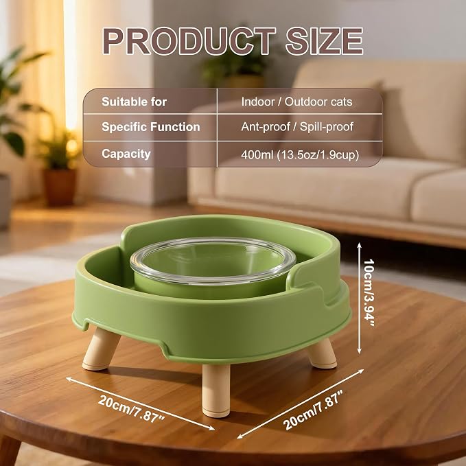 Ant Proof Cat Food Bowl, Elevated Cat Feeding Bowl, Green, 1pcs | Prevents Ants from Entering and Reduces Neck Stress, Non-Slip Elevated Cat Feeding Bowl