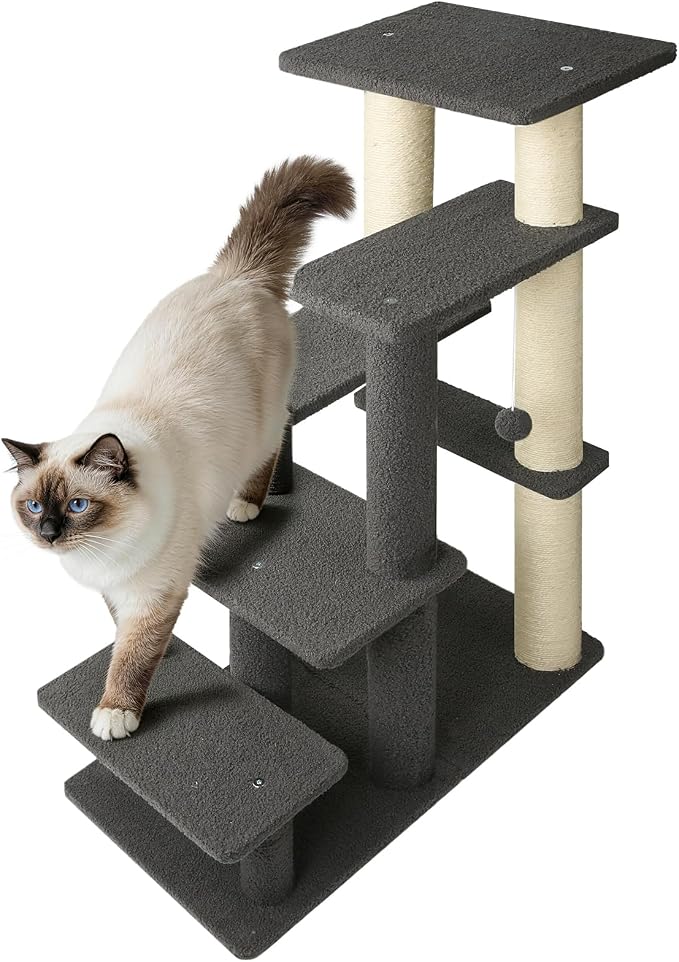 5-Step Pet Steps for Cats/Dogs, Cat Stairs with Sisal Scratching Post, Cat Steps for Older Cats with Enlarge Perch, Pet Stairs for High Bed and Couch, Gray