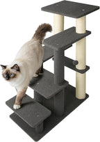 5-Step Pet Steps for Cats/Dogs, Cat Stairs with Sisal Scratching Post, Cat Steps for Older Cats with Enlarge Perch, Pet Stairs for High Bed and Couch, Gray