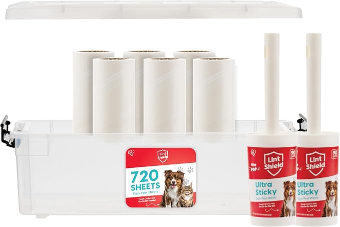 IRIS USA Extra Sticky Lint Roller, Standard Pack with Storage Box & Refills | Lint Roller Covers, Extra refills*8: 90 Sheets/Roll- 720 Sheets Total, Easy Tear Design, Pet Hair Remover on Clothes Bed